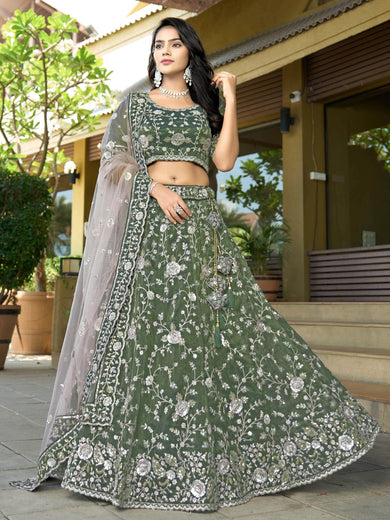 Impressive Green Viscose Zarkan Work Bridal Lehenga Choli With Dupatta